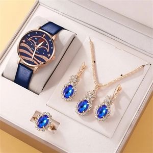 5pcs Set Fashion Moon Dial Luxury Watch Design Earring Necklace